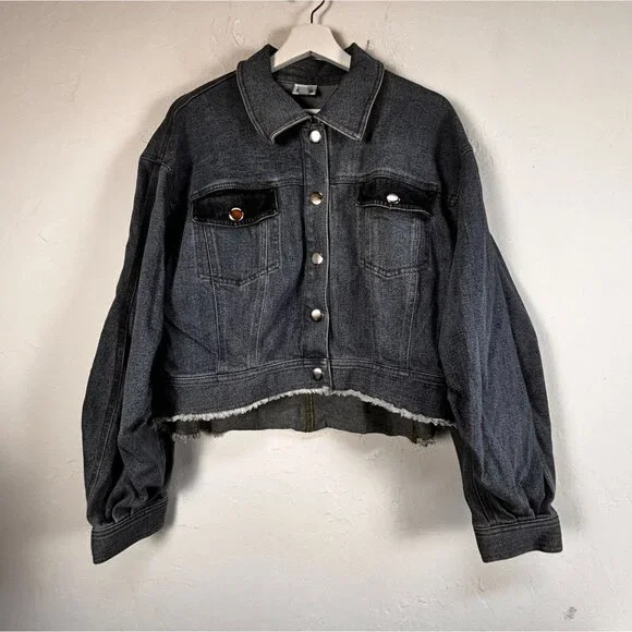 Ade Samuel For I.N.C. Womens Cropped Denim Jacket XL Blue Fringe Raw Hem Pockets - Picture 1 of 10